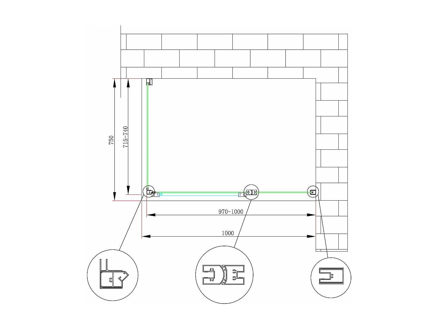 Douche de 6 mm avec paroi fixe laterale et face frontale avec porte battante (receveur non inclu) – 71,5-74 fixe x 97-100 petite mur+vantail (35+65)