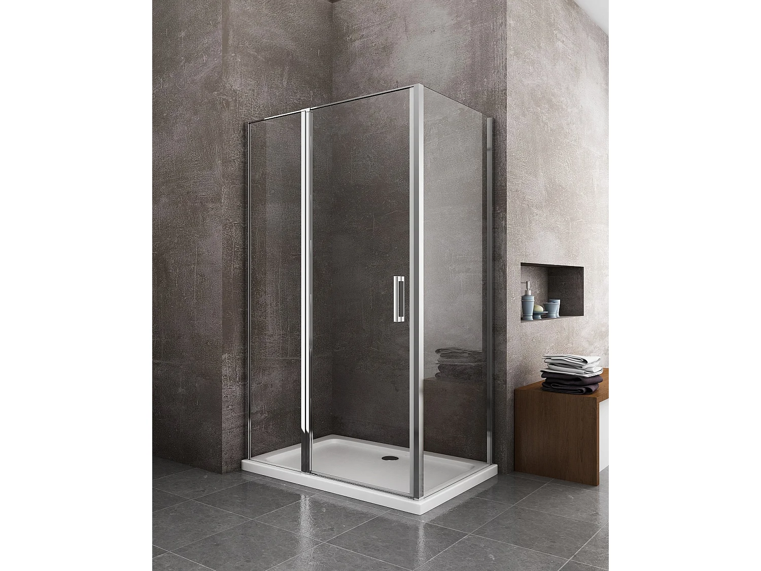 Douche de 6 mm avec paroi fixe laterale et face frontale avec porte battante (receveur non inclu) – 71,5-74 fixe x 97-100 petite mur+vantail (35+65)