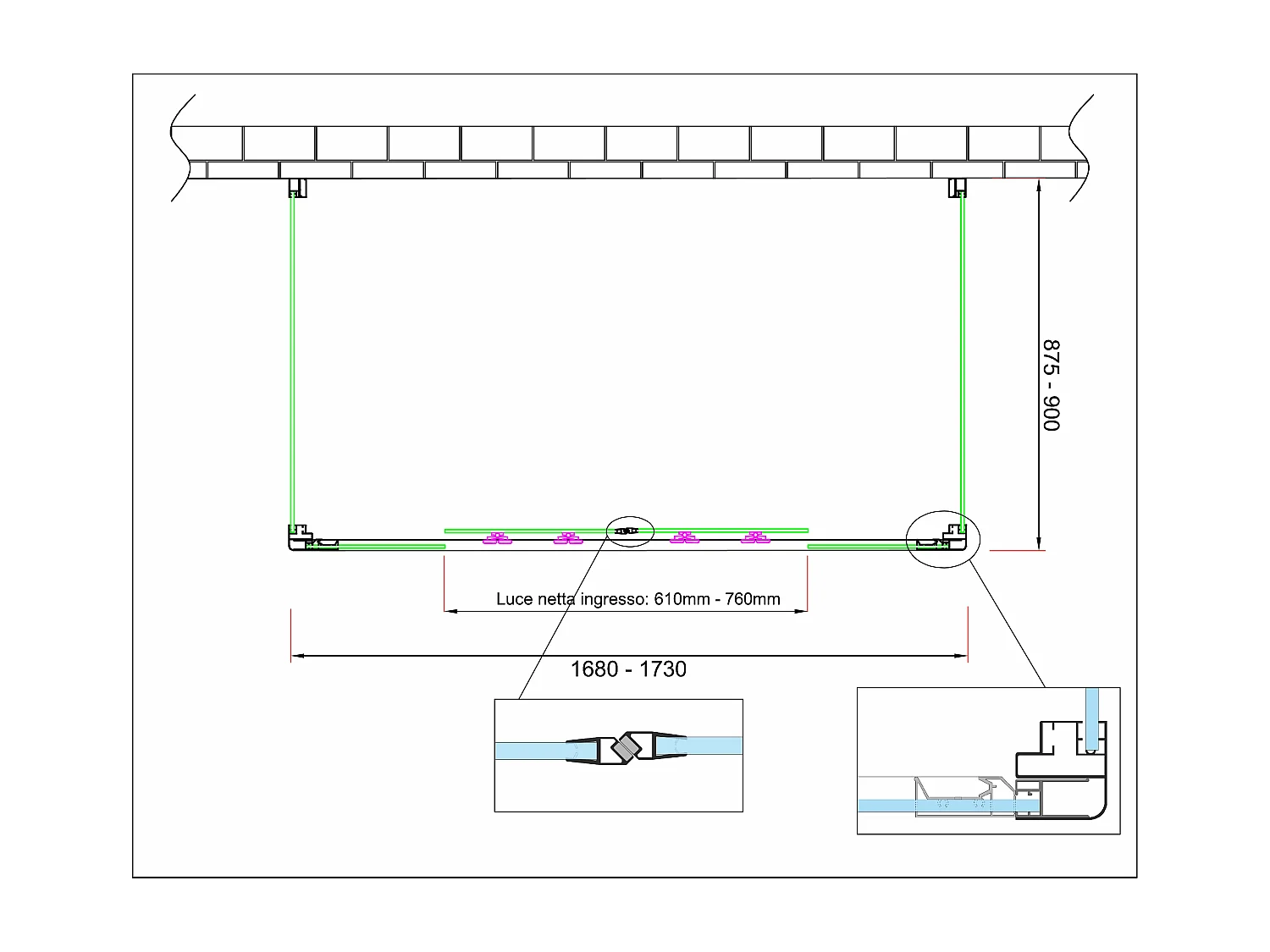 Douche de 6 mm avec deux parois fixes et une overture coulissante H.190 (receveur de douche non inclu) – 87,5-90 fixes x 168-173 overture centrale
