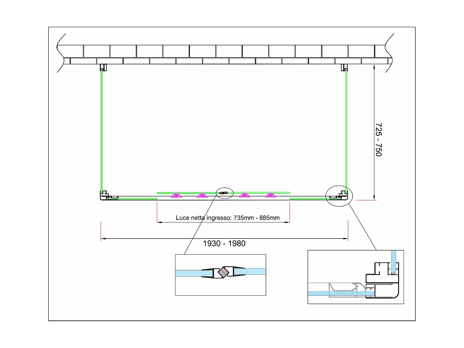 Douche de 6 mm avec deux parois fixes et une overture coulissante H.190 (receveur de douche non inclu) – 72,5-75 fixes x 193-198 overture centrale