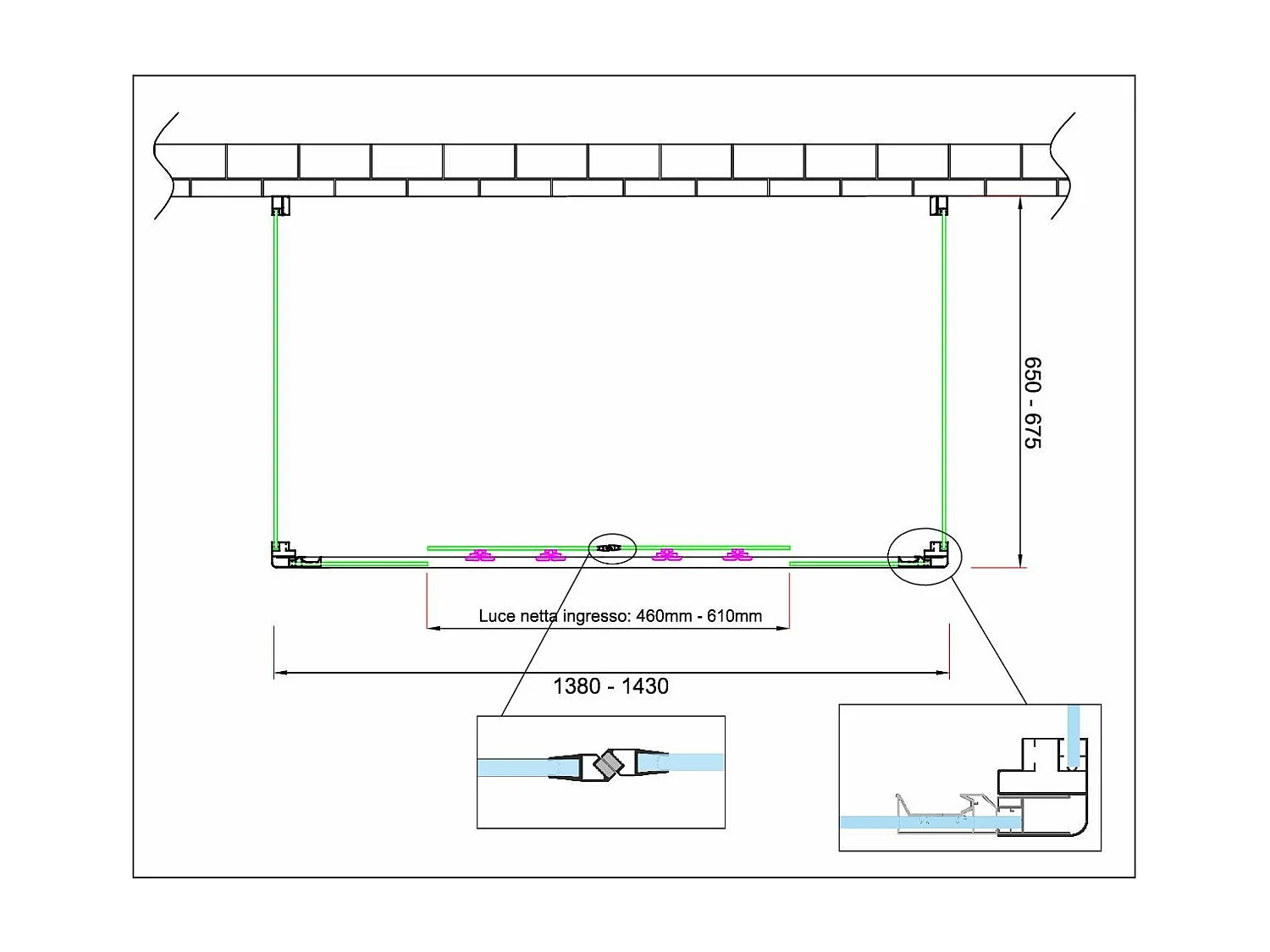 Box doccia 6 mm MISURA e PORTAa 4 ante con apertura centrale MISURA 65-67,5 ANTE FISSE + PORTA 138-143
