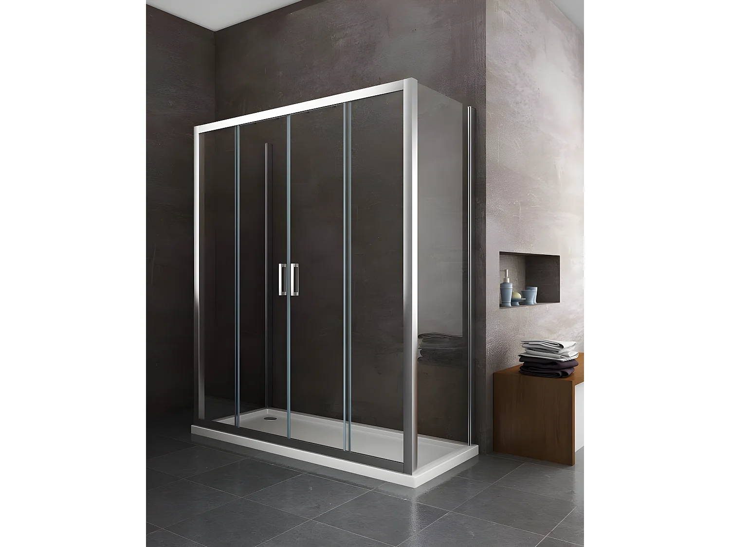 Douche de 6 mm avec deux parois fixes et une overture coulissante H.190 (receveur de douche non inclu) – 72,5-75 fixes x 138-143 overture centrale