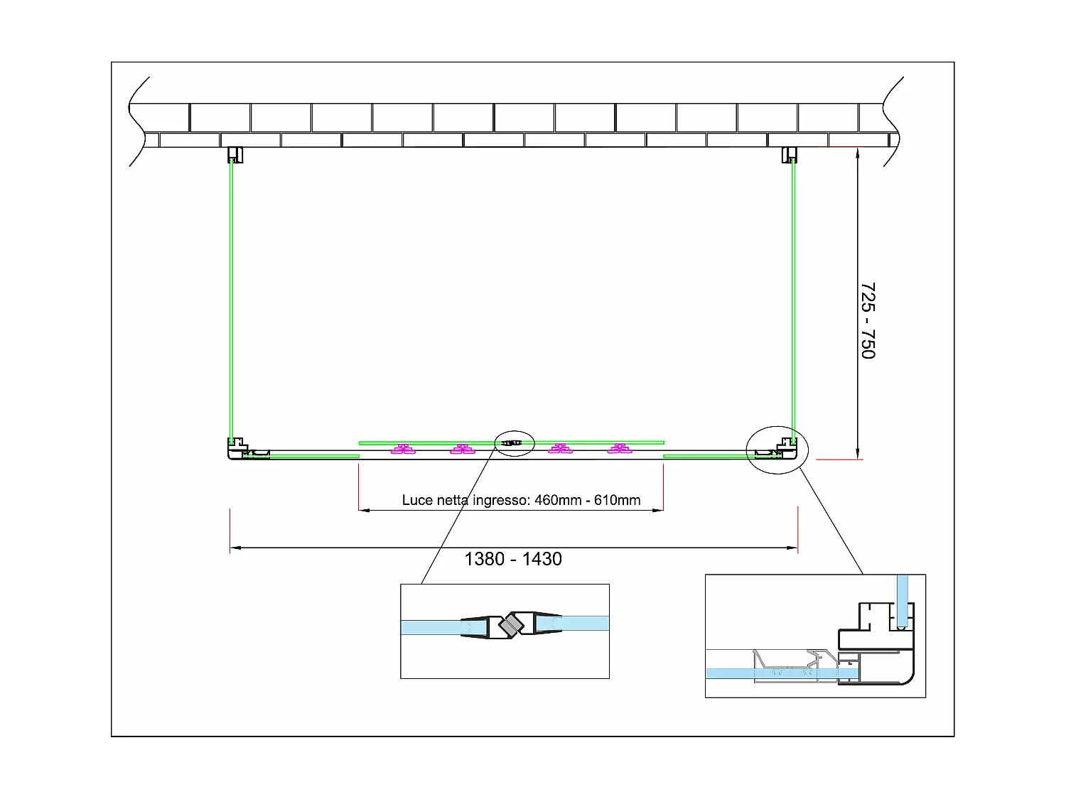 Douche de 6 mm avec deux parois fixes et une overture coulissante H.190 (receveur de douche non inclu) – 72,5-75 fixes x 138-143 overture centrale