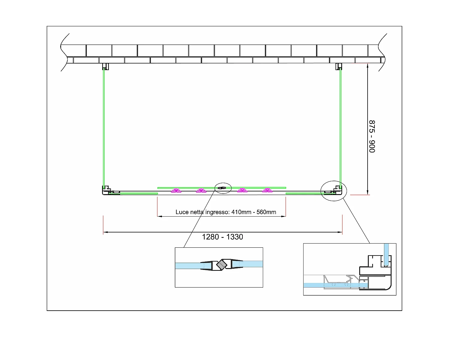 Box doccia 6 mm MISURA e PORTAa 4 ante con apertura centrale MISURA 87,5-90 ANTE FISSE + PORTA 128-133