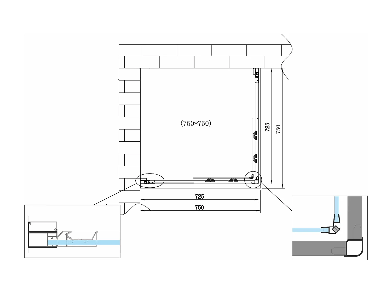 Douche de 6 mm angulaire carrè avec profil chromé (receveur non inclu) - 75 x75