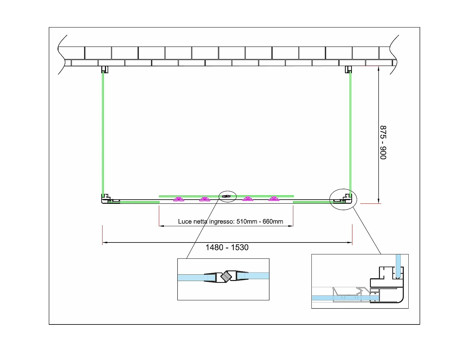 Douche de 6 mm avec deux parois fixes et une overture coulissante H.190 (receveur de douche non inclu) – 87,5-90 fixes x 148-153 overture centrale