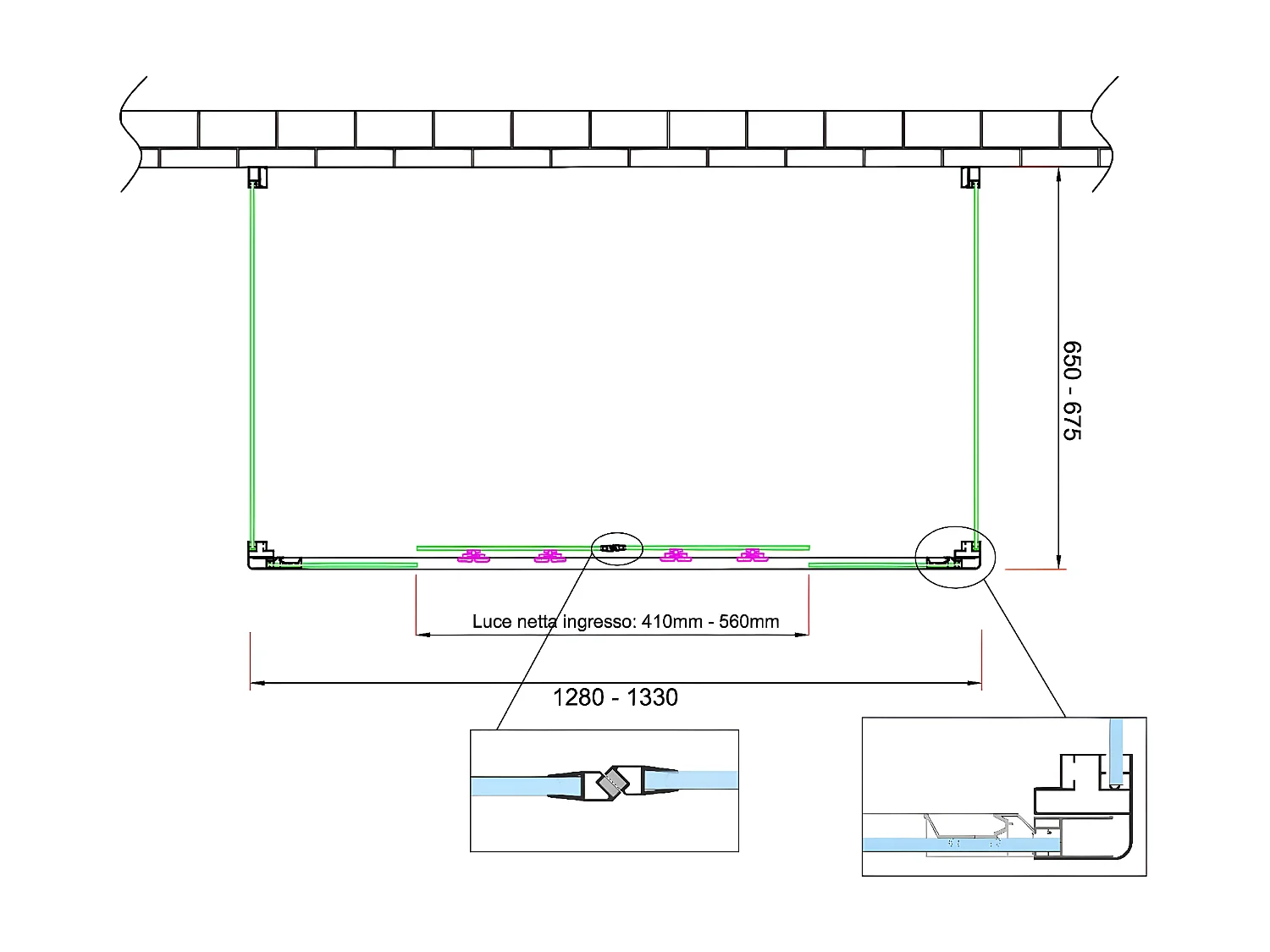 Douche de 6 mm avec deux parois fixes et une overture coulissante H.190 (receveur de douche non inclu) – 65-67,5 fixes x 128-133 overture centrale
