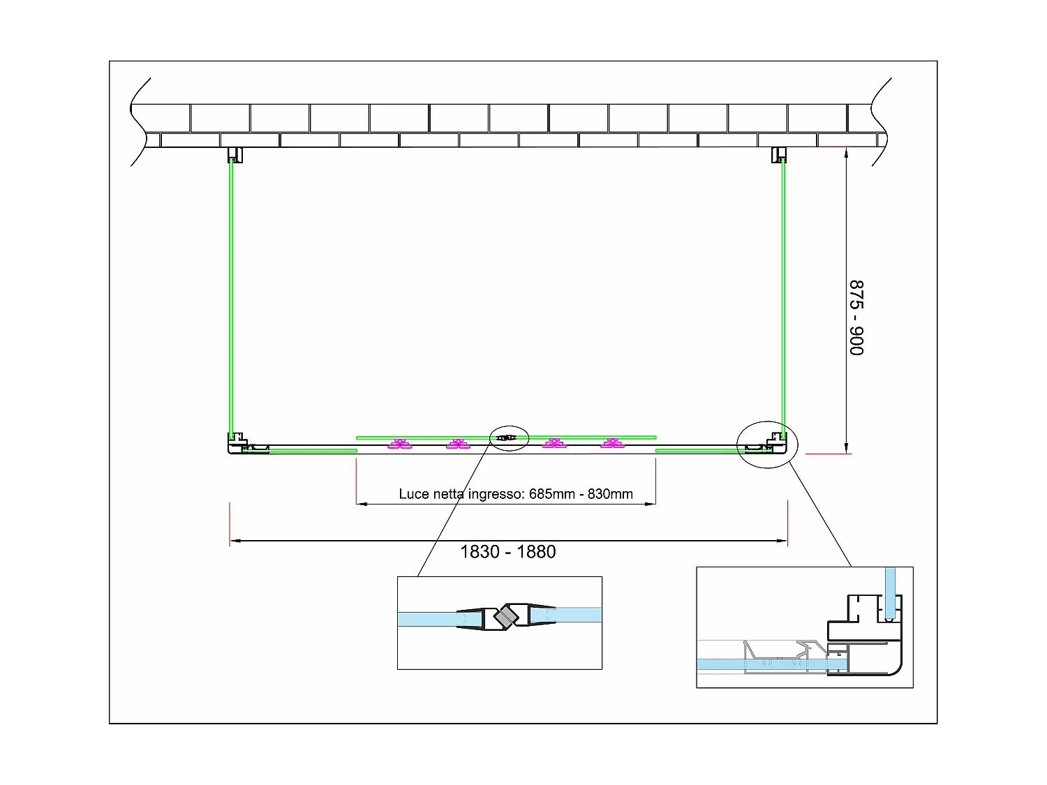 Box doccia 6 mm MISURA e PORTAa 4 ante con apertura centrale MISURA 87,5-90 ANTE FISSE + PORTA 183-188