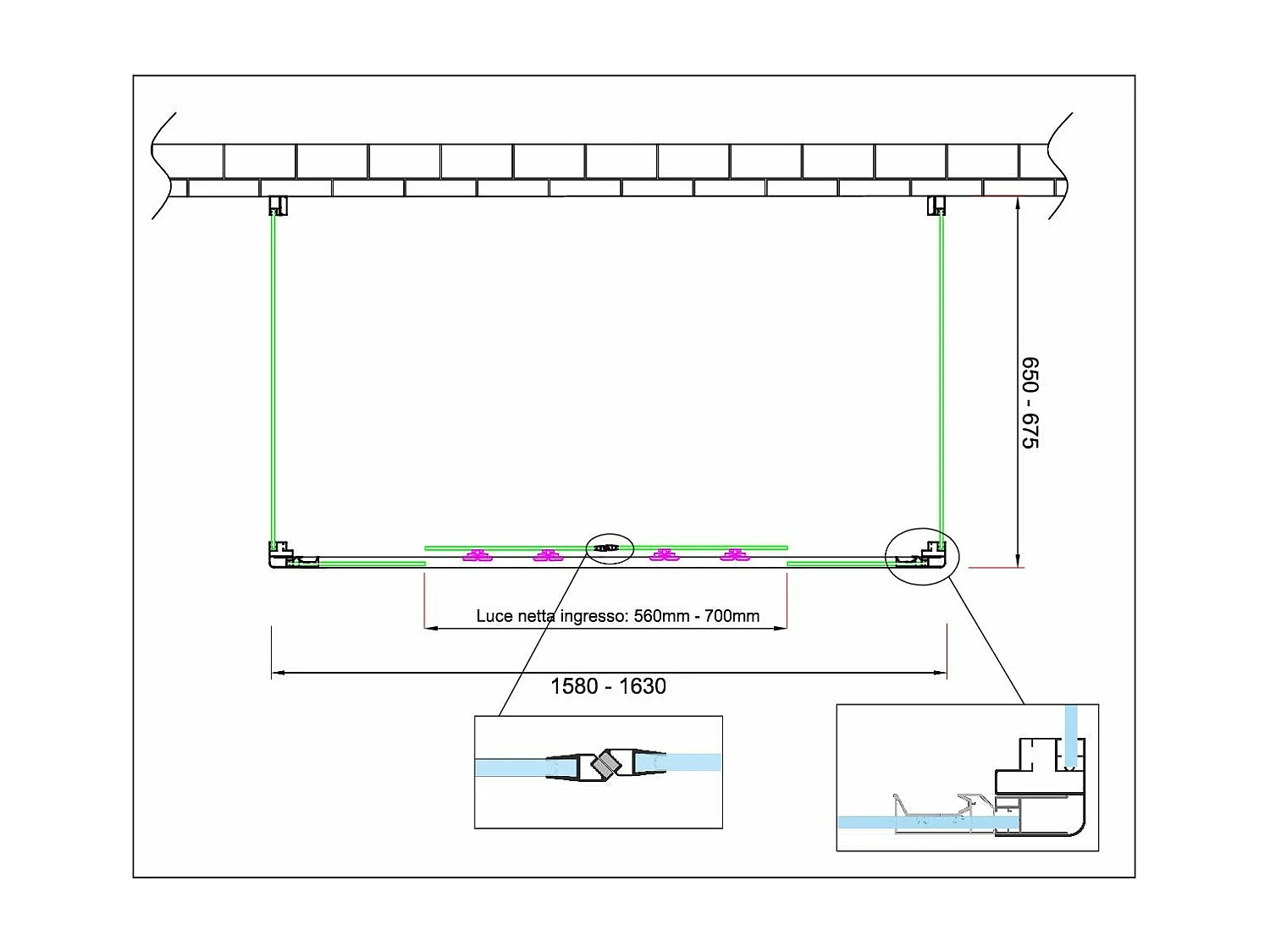 Douche de 6 mm avec deux parois fixes et une overture coulissante H.190 (receveur de douche non inclu) – 65-67,5 fixes x 158-163 overture centrale