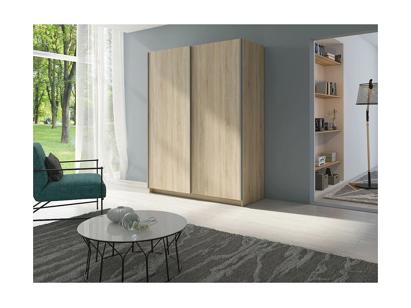 Schwebetürenschrank 2 Türen - Kollektion GOZU - Farbe Sonoma-Eiche - 150 x 198 x 62 cm