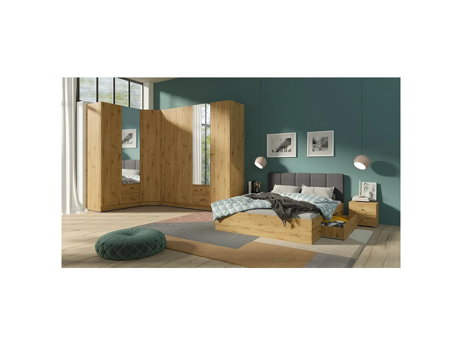 Guardaroba angolare completo collezione KANELLE colore rovere chiaro.