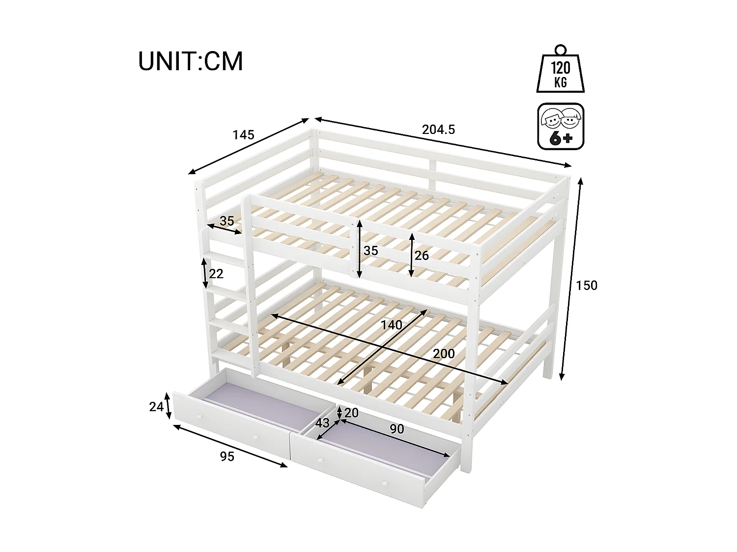 Etagenbett aus Holz mit Schubladen und Leiter – 140 x 200 cm – Weiß
