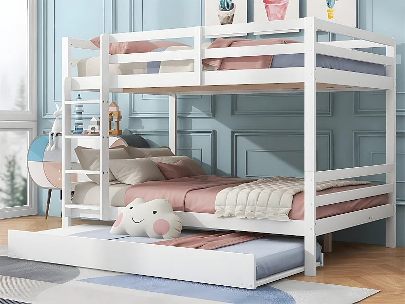 Etagenbett 2x140x200cm mit Ausziehbett 90x190cm – mit Geländer und Treppe – Weiß