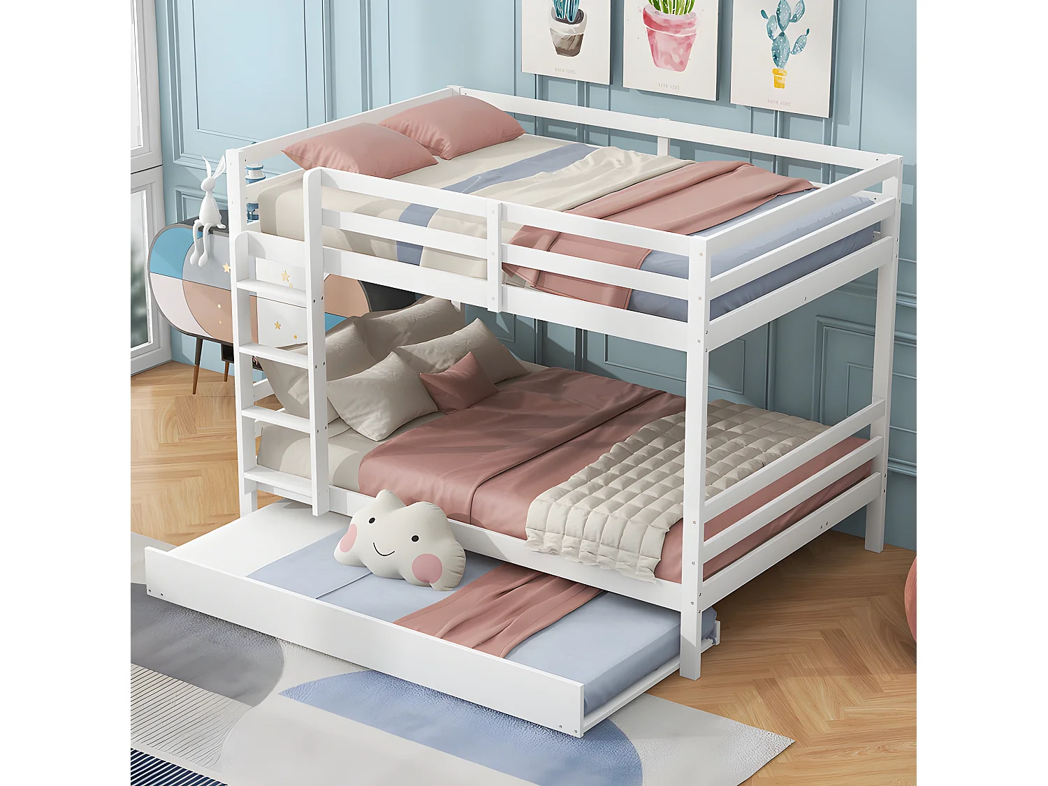 Etagenbett 2x140x200cm mit Ausziehbett 90x190cm – mit Geländer und Treppe – Weiß
