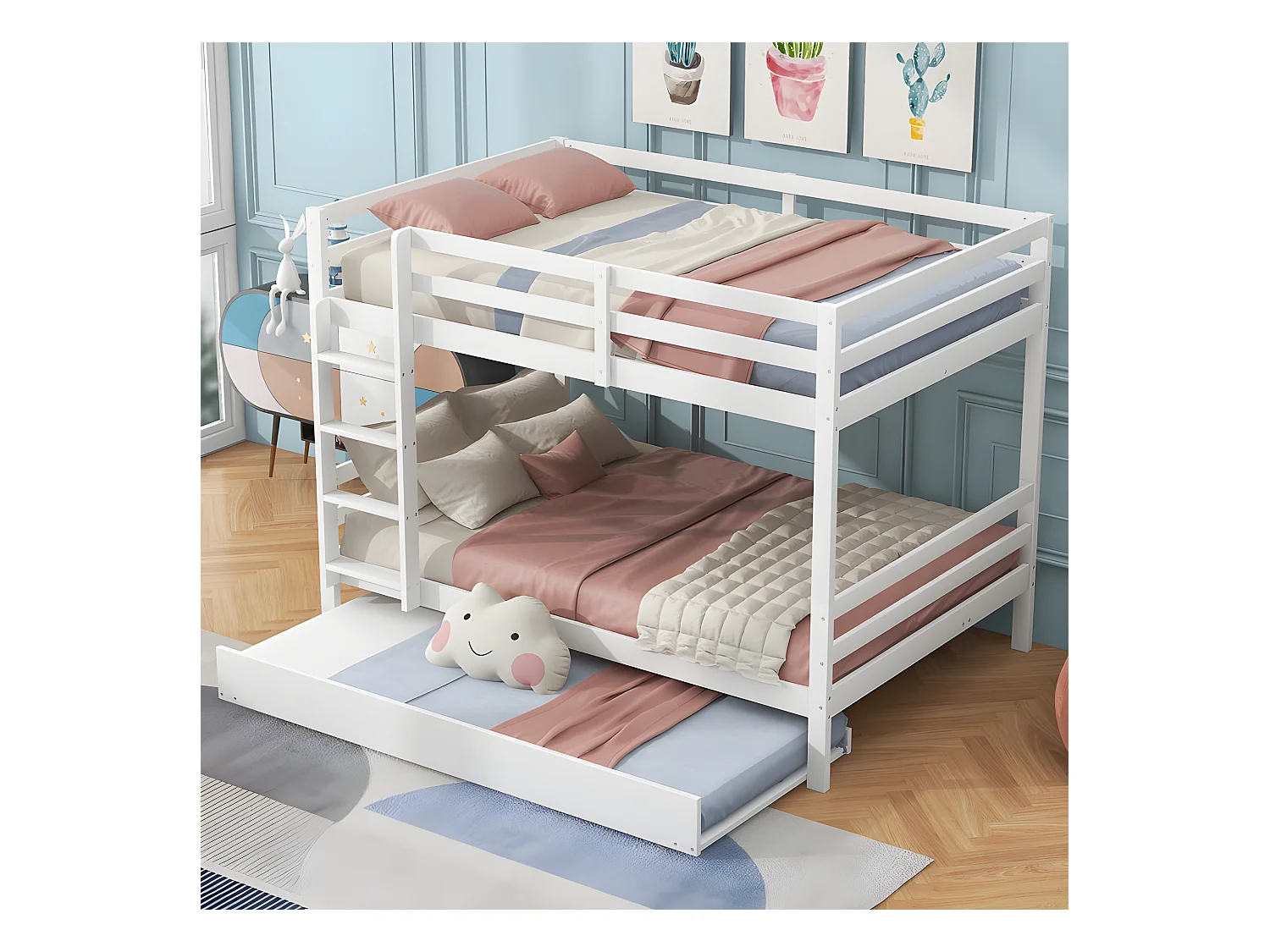 Lit superposé 2x140x200cm avec un lit gigogne 90x190cm - avec garde-corps et escalier - Blanc