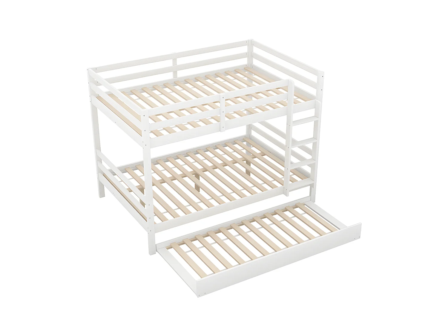 Lit superposé 2x140x200cm avec un lit gigogne 90x190cm - avec garde-corps et escalier - Blanc