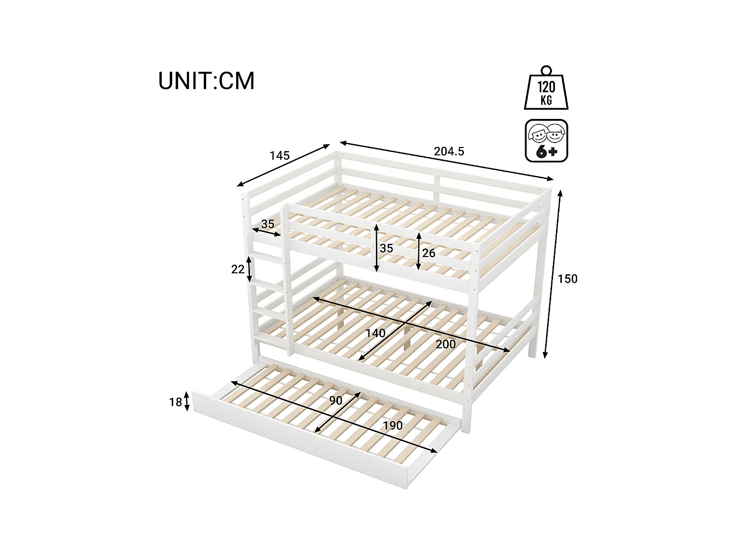 Lit superposé 2x140x200cm avec un lit gigogne 90x190cm - avec garde-corps et escalier - Blanc