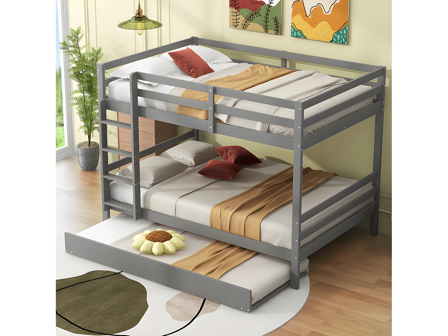 Letto a castello 2x140x200 cm con letto estraibile 90x190 cm - con sponda e scala - Grigio