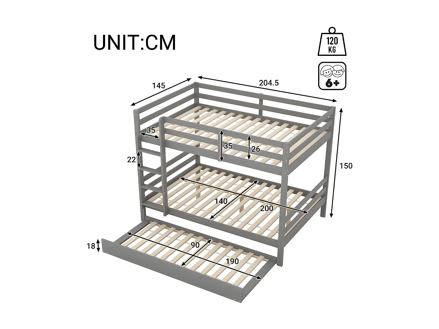 Letto a castello 2x140x200 cm con letto estraibile 90x190 cm - con sponda e scala - Grigio