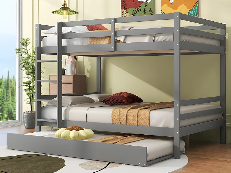 Stapelbed 2x140x200cm met onderschuifbed 90x190cm - met leuning en trap - Grijs