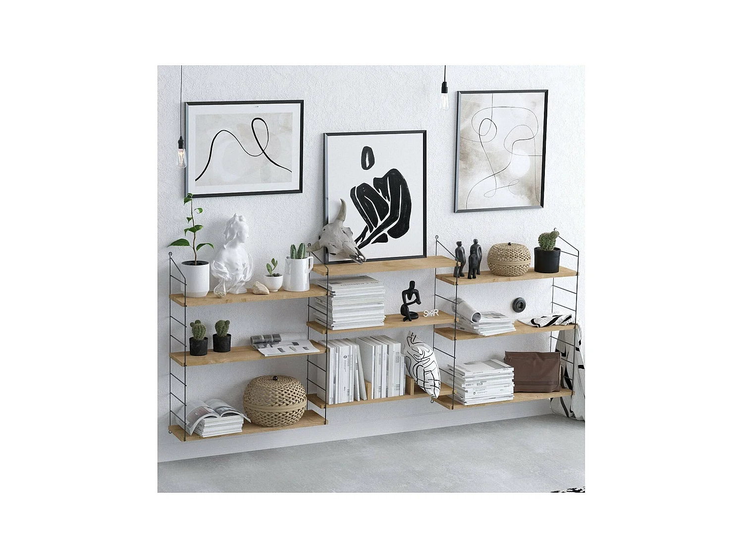 Etagère murale suspendue 9 tablettes décor chêne L216 cm - Laba