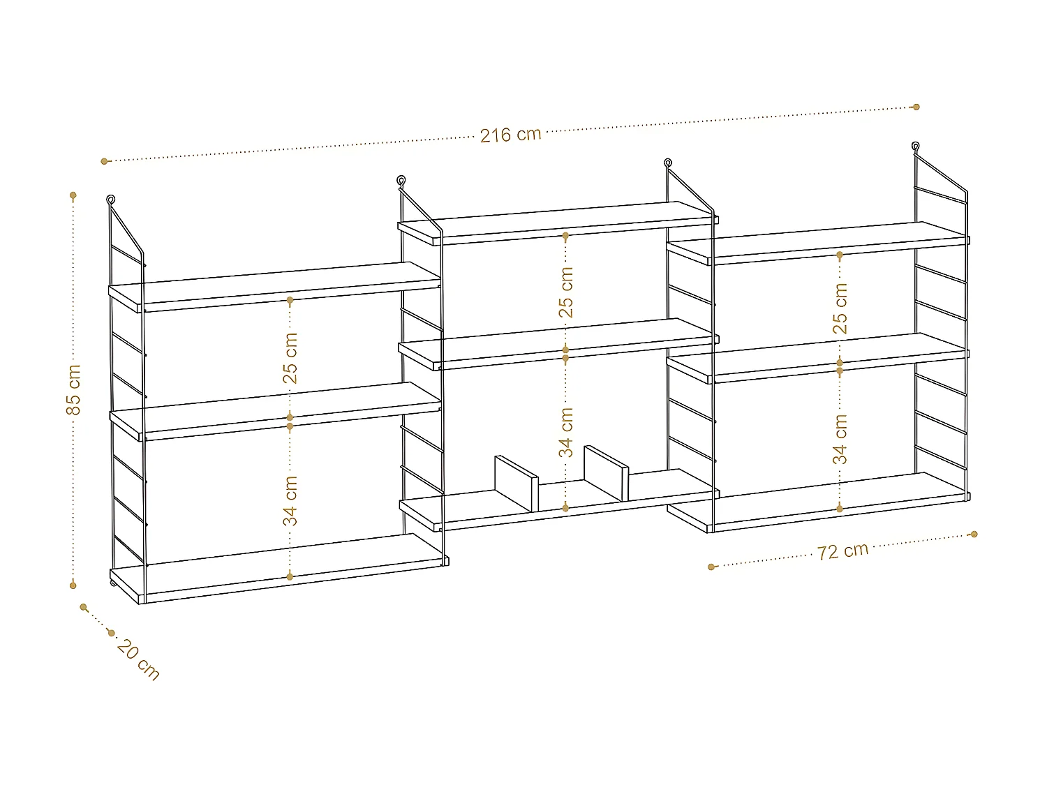Estante de partículas revestida a melamina – 85 cm L x 216 cm A x 20 cm P – carvalho