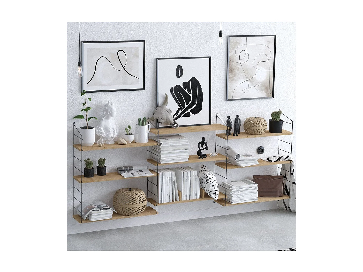 Etagère murale suspendue 9 tablettes décor chêne L216 cm - Laba