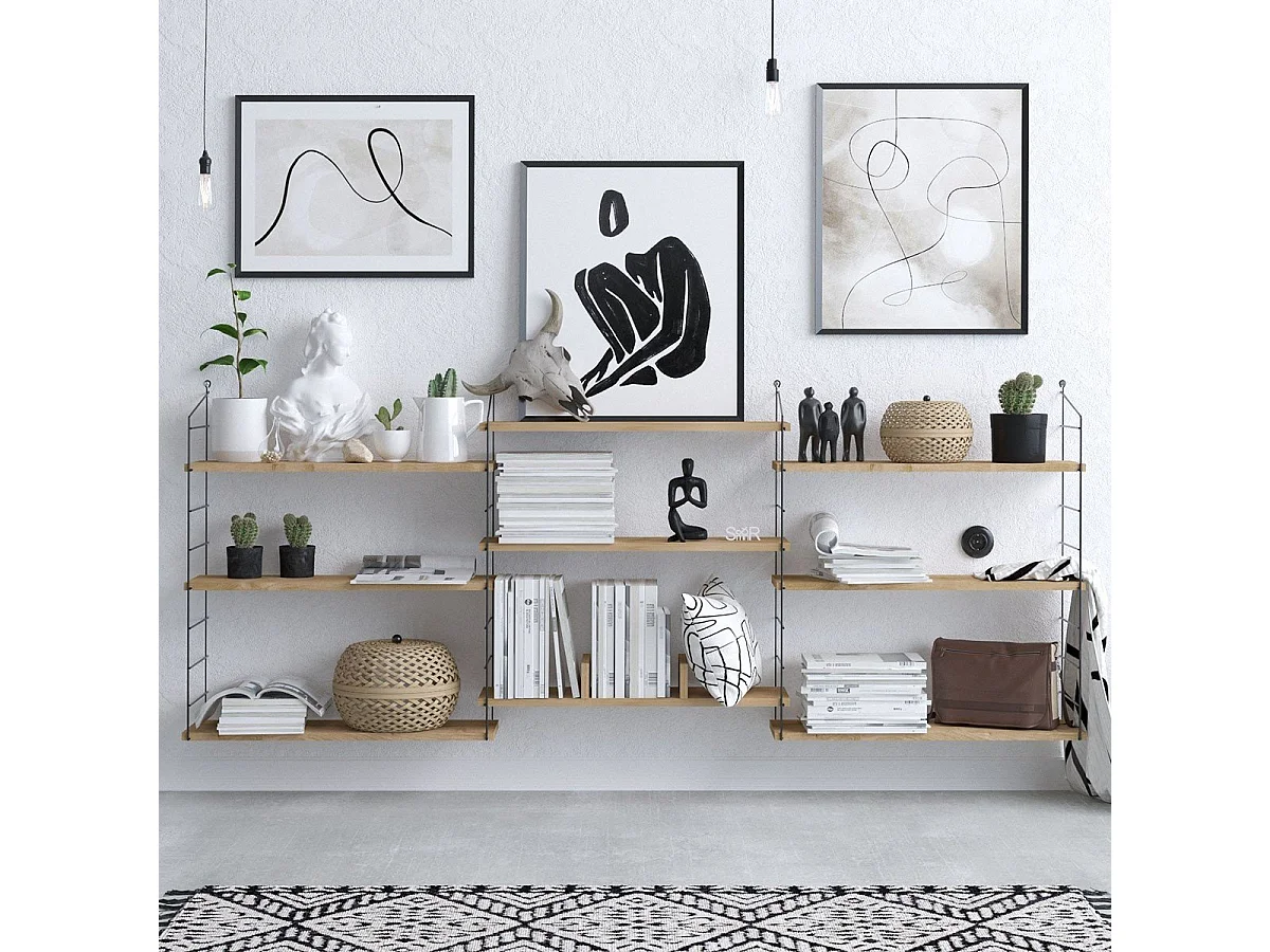 Etagère murale suspendue 9 tablettes décor chêne L216 cm - Laba