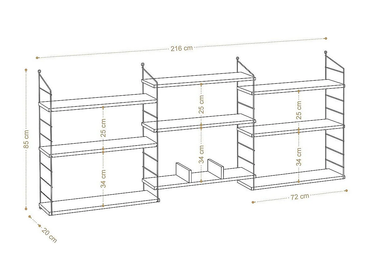 Etagère murale suspendue 9 tablettes décor chêne L216 cm - Laba