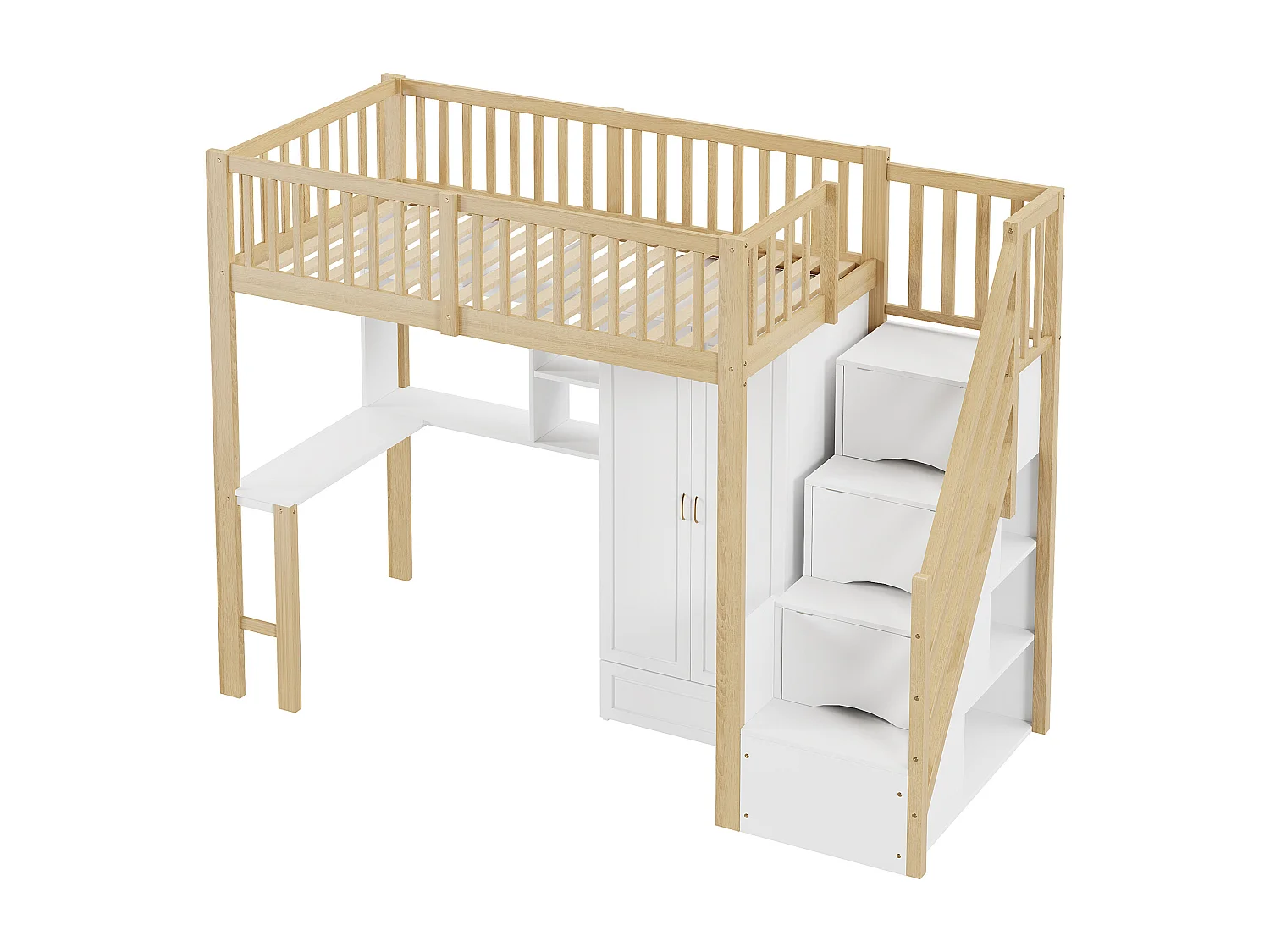 Hochbett 90x200 cm – mit Kleiderschrank und Schreibtisch – Bettgestell aus Holz – Weiß & Natur