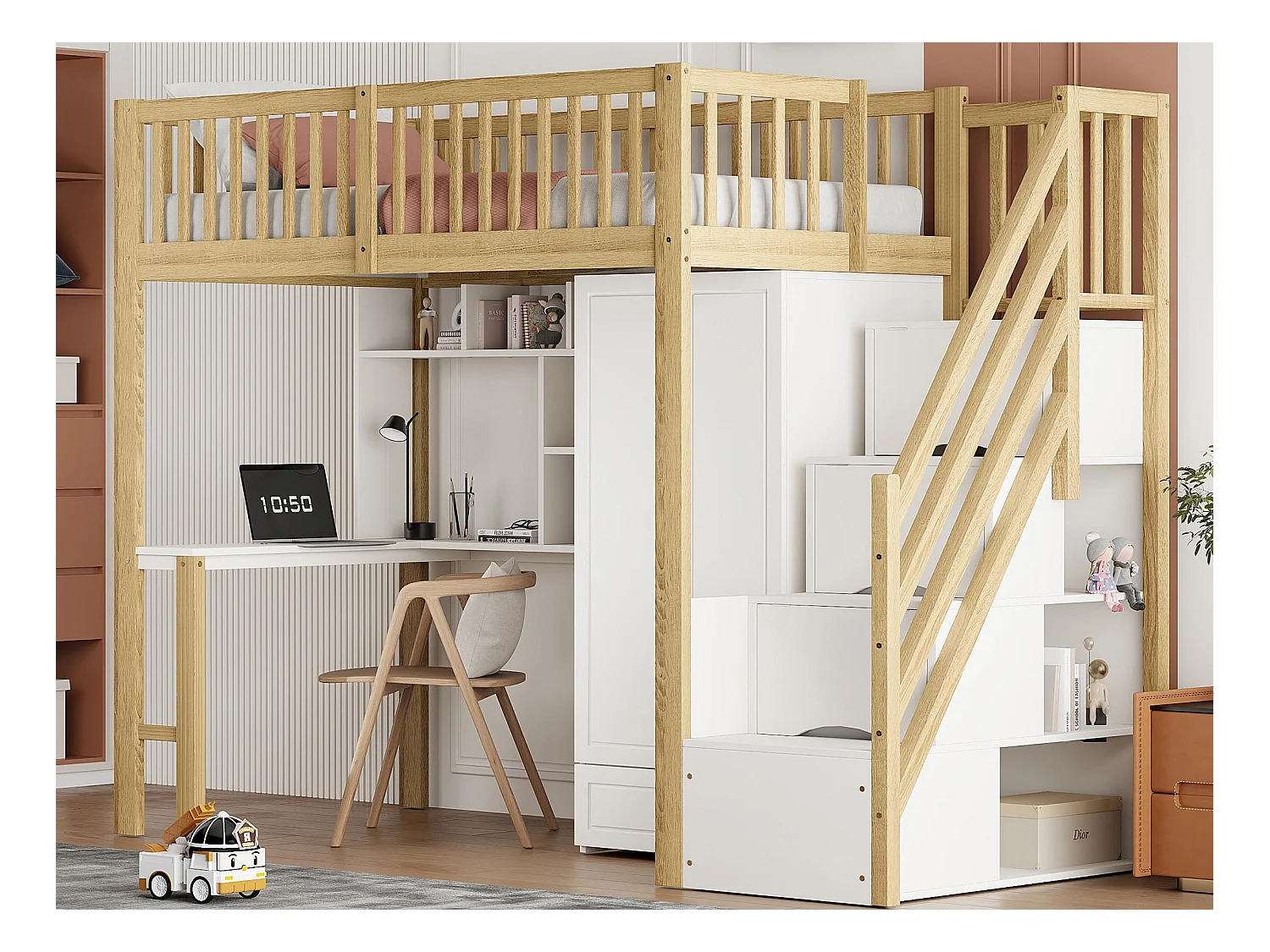 Lit mezzanine 90x200 cm - avec une penderie et un bureau - cadre de lit en bois - Blanc & Naturel