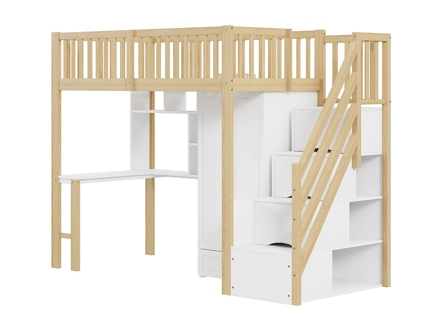 Lit mezzanine 90x200 cm - avec une penderie et un bureau - cadre de lit en bois - Blanc & Naturel
