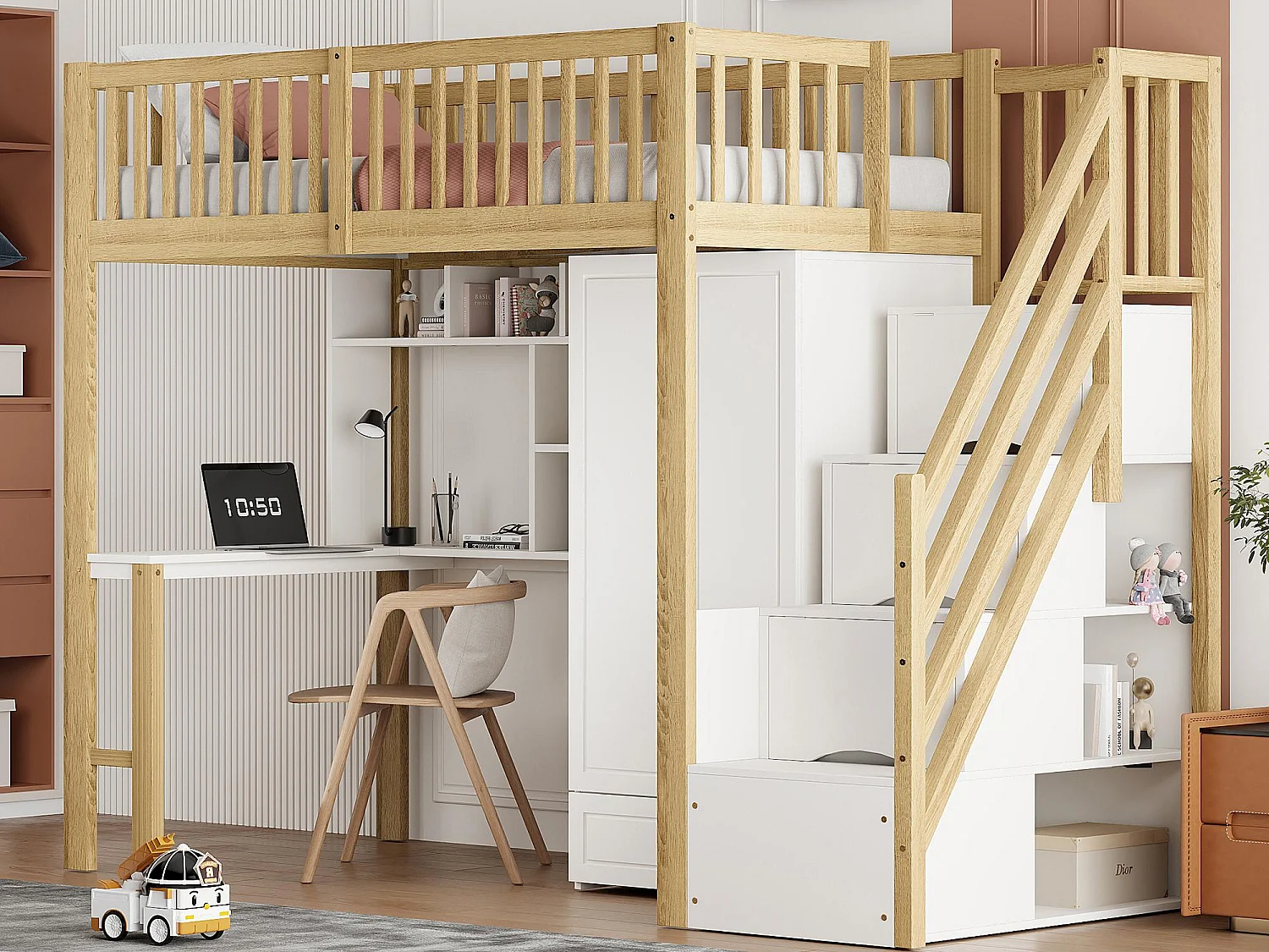 Lit mezzanine 90x200 cm - avec une penderie et un bureau - cadre de lit en bois - Blanc & Naturel