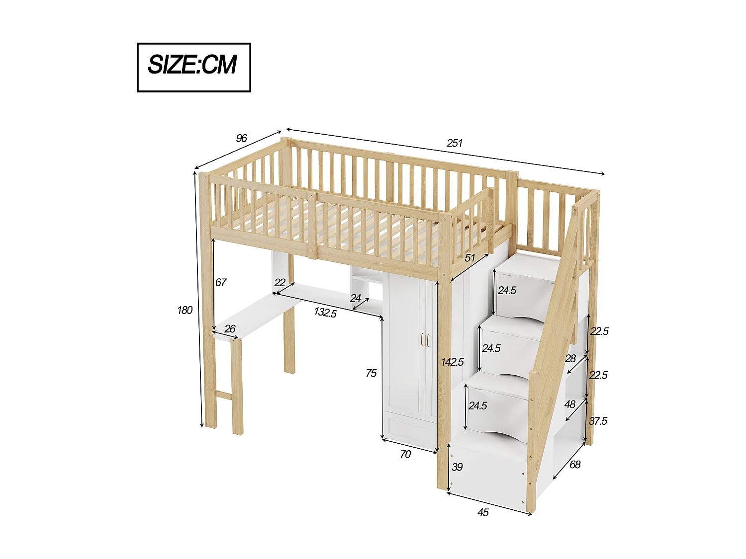 Lit mezzanine 90x200 cm - avec une penderie et un bureau - cadre de lit en bois - Blanc & Naturel