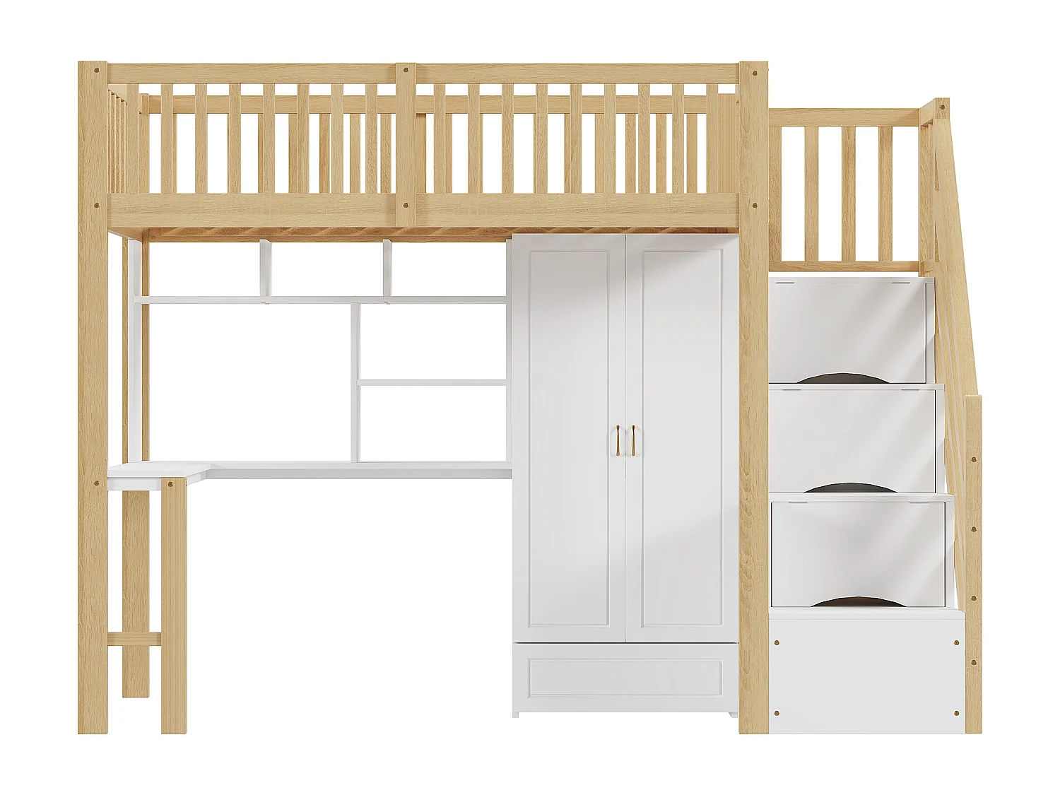 Lit mezzanine 90x200 cm - avec une penderie et un bureau - cadre de lit en bois - Blanc & Naturel