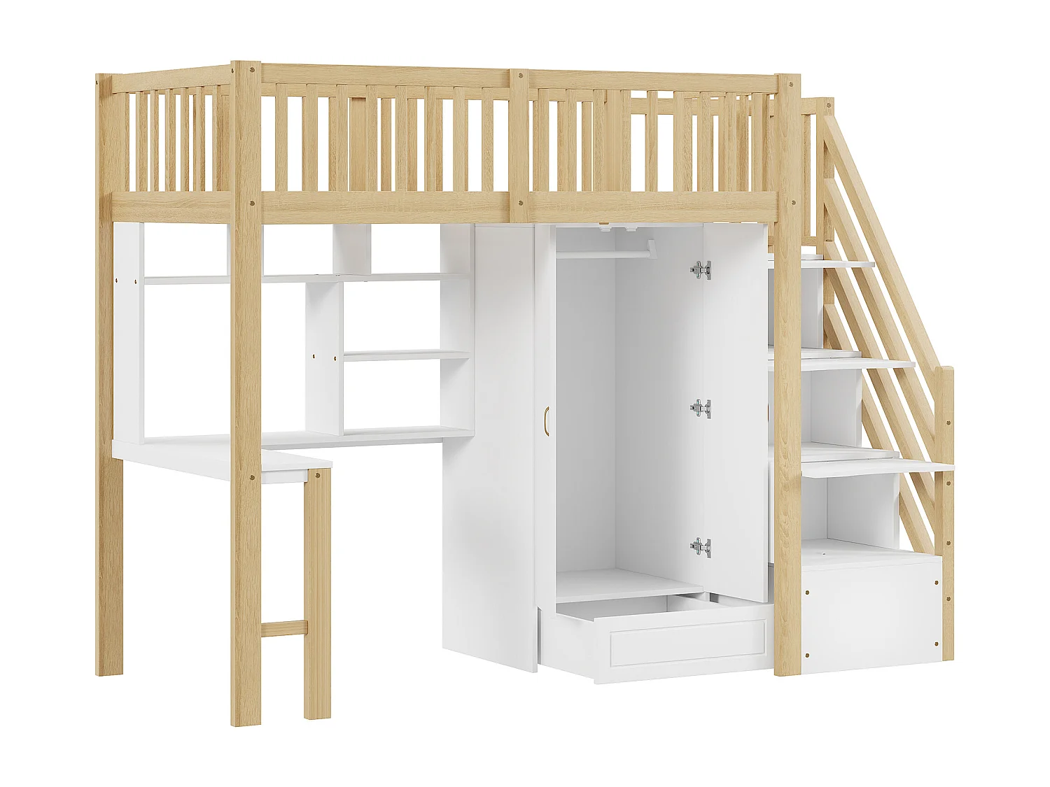 Lit mezzanine 90x200 cm - avec une penderie et un bureau - cadre de lit en bois - Blanc & Naturel