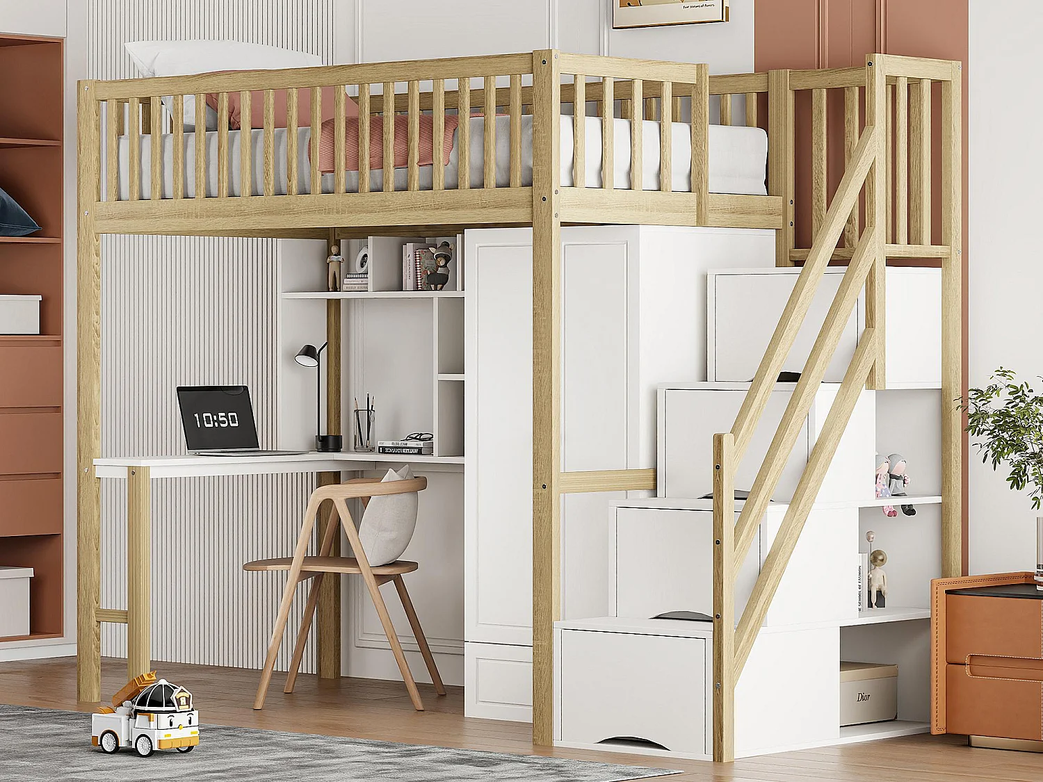 Lit mezzanine 90x200 cm - avec une penderie et un bureau - cadre de lit en bois - Blanc & Naturel