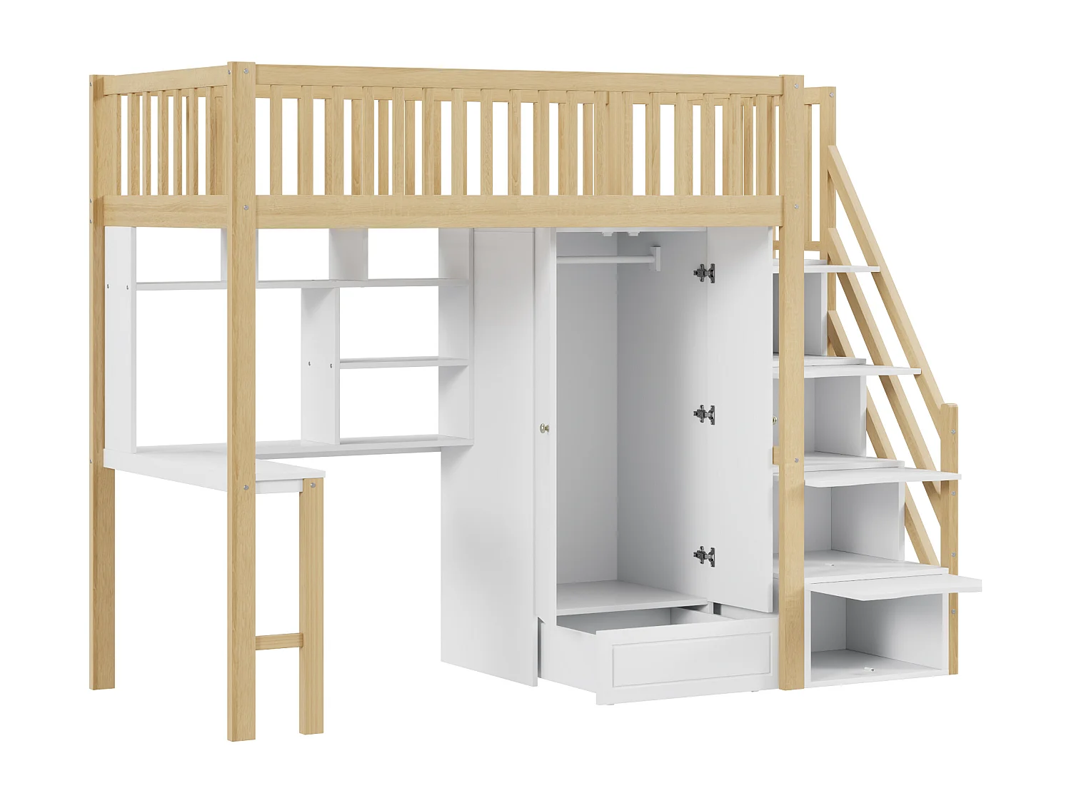 Lit mezzanine 90x200 cm - avec une penderie et un bureau - cadre de lit en bois - Blanc & Naturel