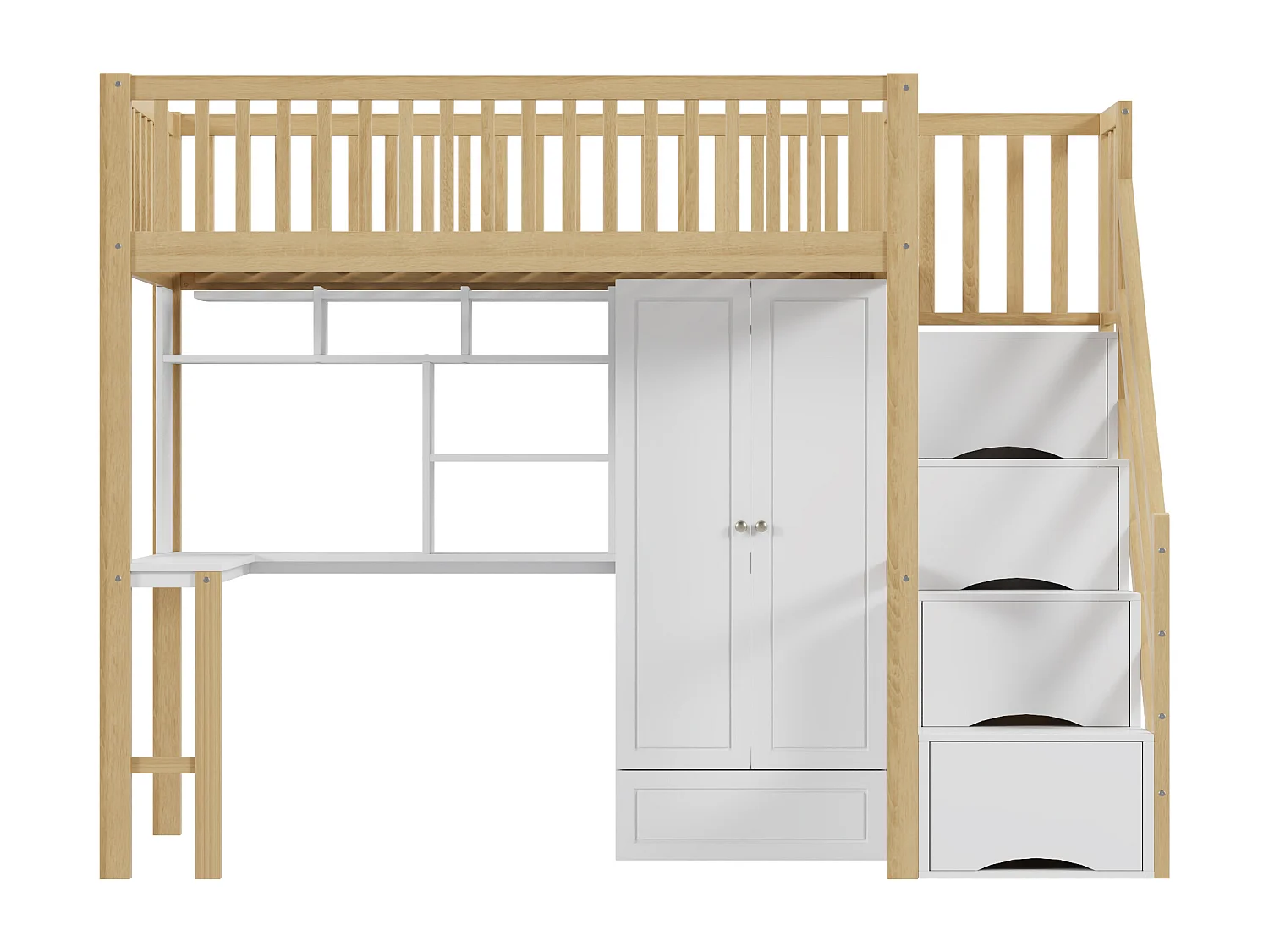 Lit mezzanine 90x200 cm - avec une penderie et un bureau - cadre de lit en bois - Blanc & Naturel