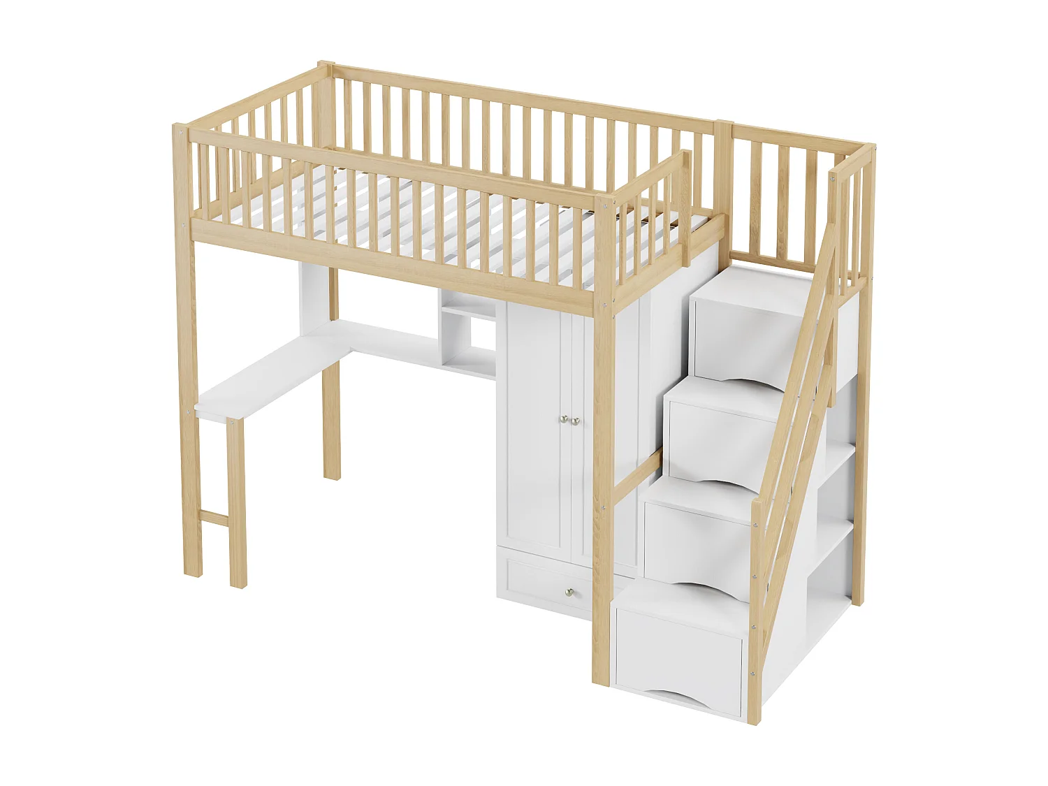 Lit mezzanine 90x200 cm - avec une penderie et un bureau - cadre de lit en bois - Blanc & Naturel