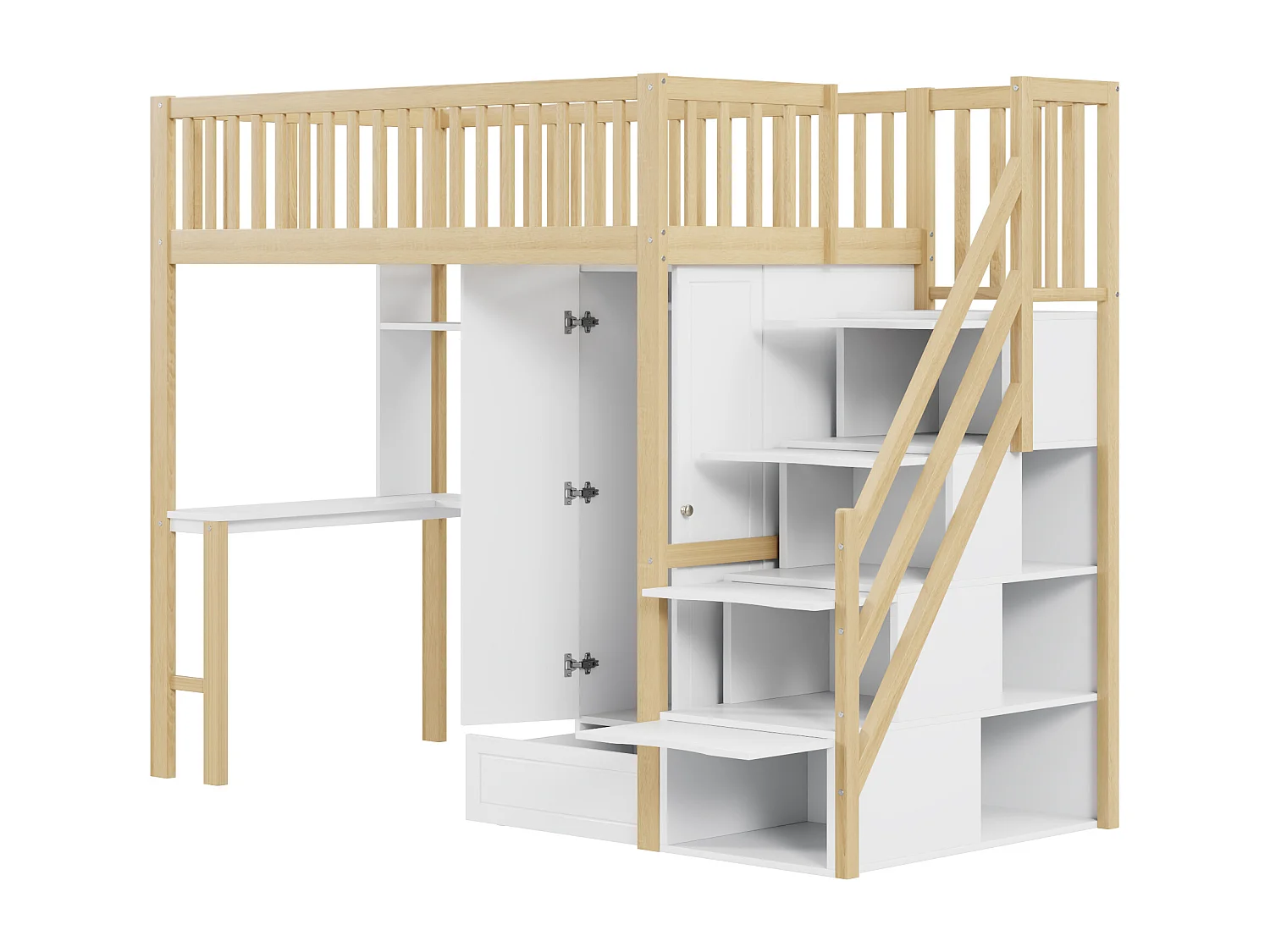 Lit mezzanine 90x200 cm - avec une penderie et un bureau - cadre de lit en bois - Blanc & Naturel