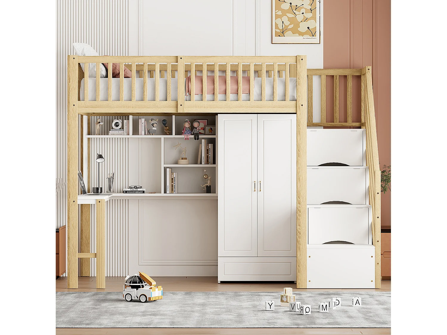 Lit mezzanine 90x200 cm - avec une penderie et un bureau - cadre de lit en bois - Blanc & Naturel