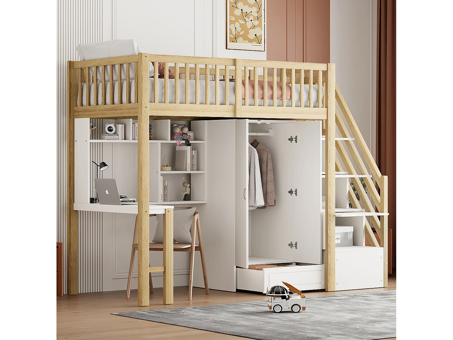 Lit mezzanine 90x200 cm - avec une penderie et un bureau - cadre de lit en bois - Blanc & Naturel