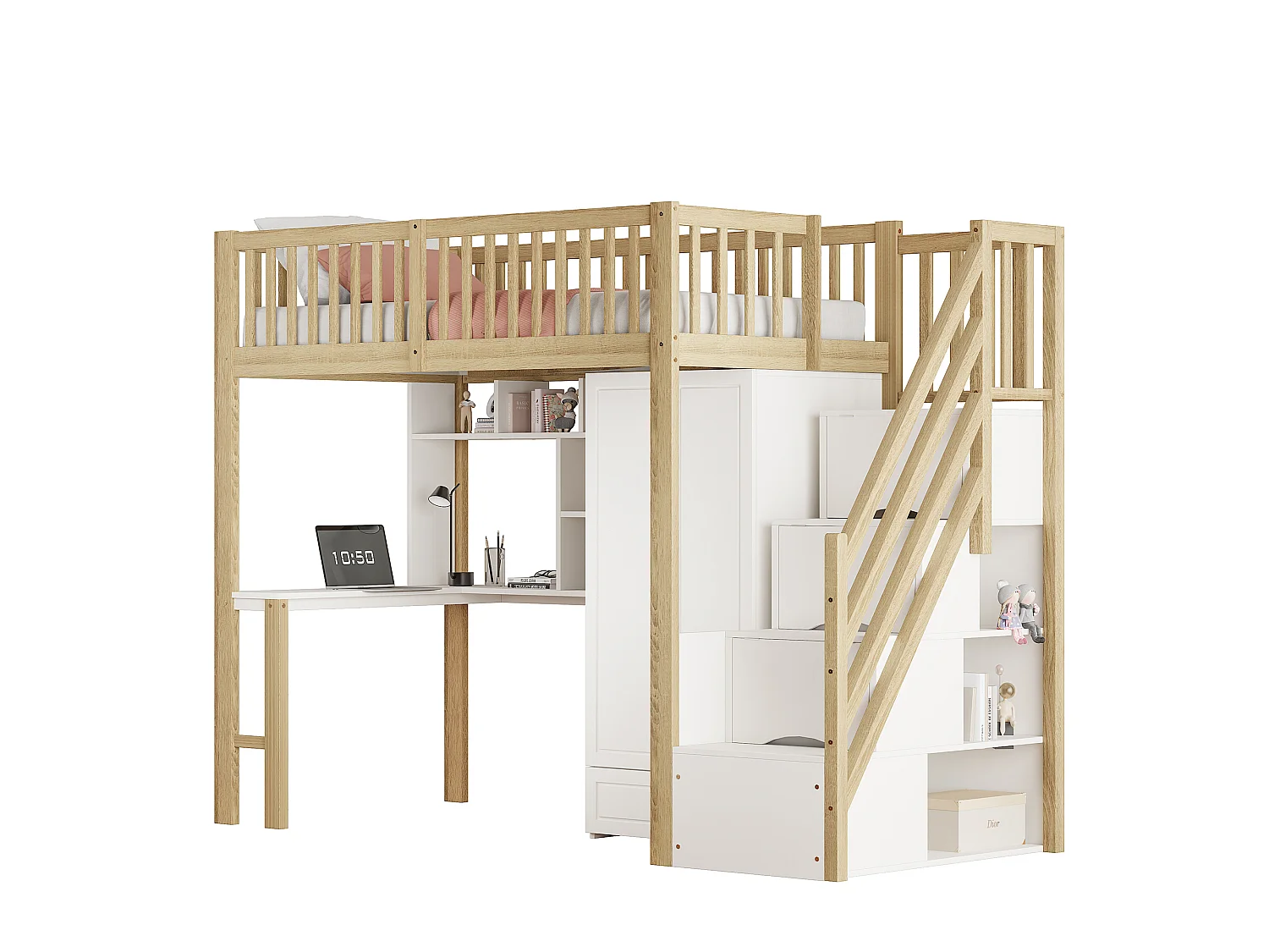 Lit mezzanine 90x200 cm - avec une penderie et un bureau - cadre de lit en bois - Blanc & Naturel