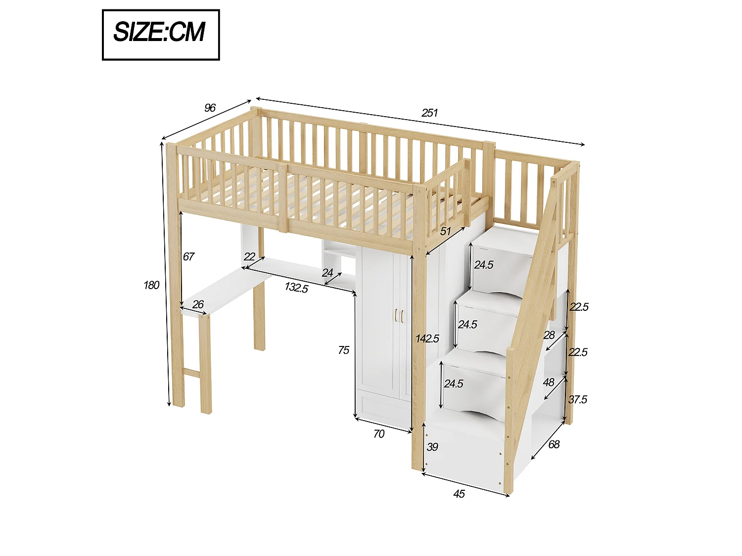 Lit mezzanine 90x200 cm - avec une penderie et un bureau - cadre de lit en bois - Blanc & Naturel