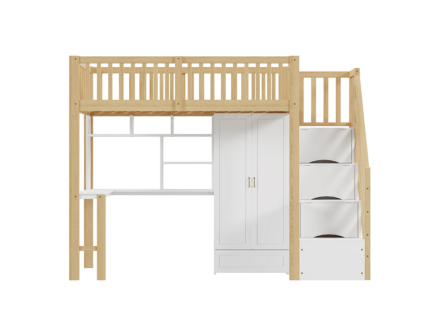 Lit mezzanine 90x200 cm - avec une penderie et un bureau - cadre de lit en bois - Blanc & Naturel