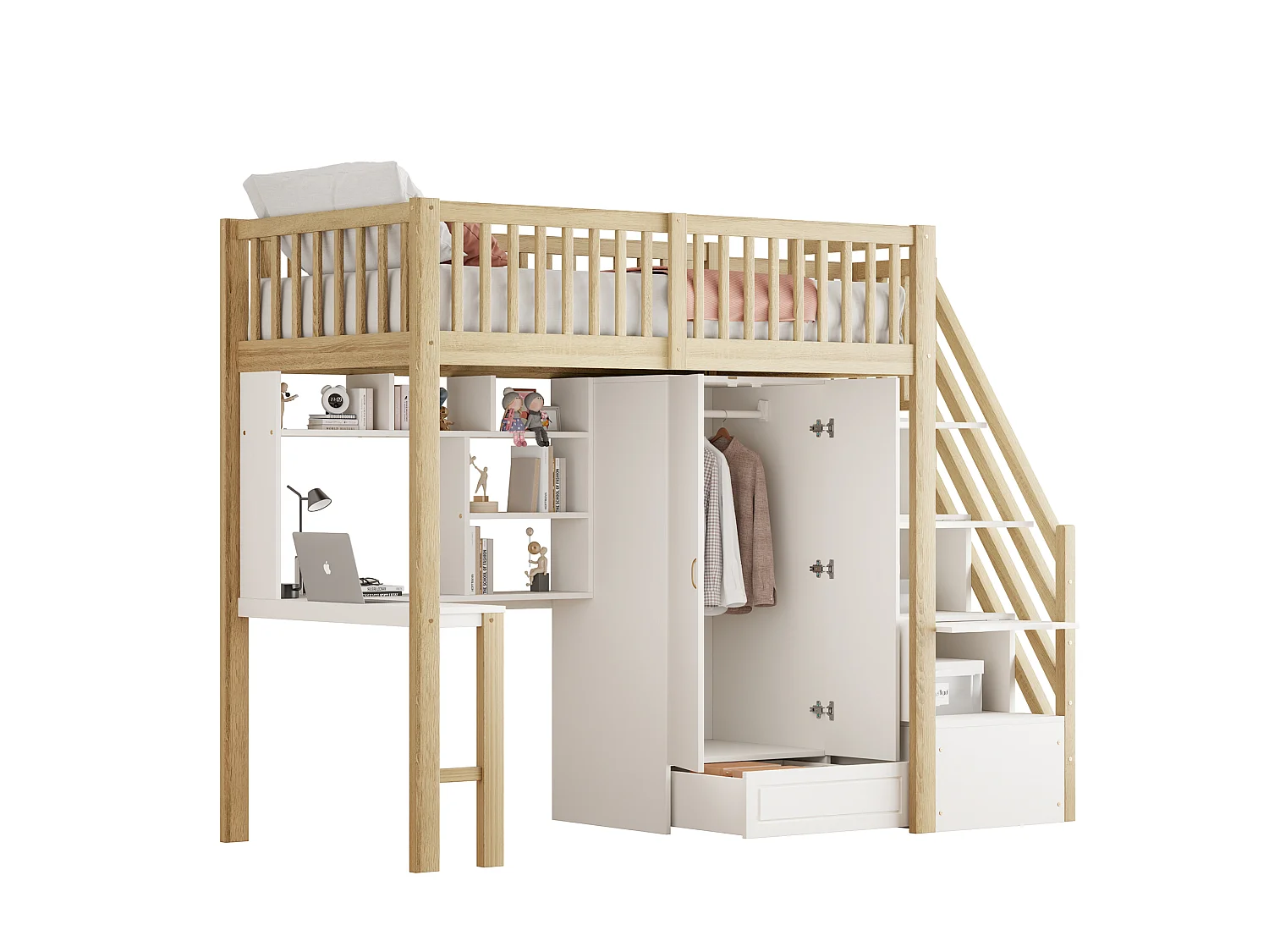 Lit mezzanine 90x200 cm - avec une penderie et un bureau - cadre de lit en bois - Blanc & Naturel