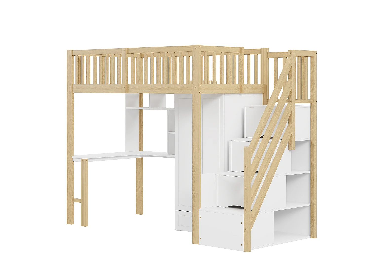 Lit mezzanine 90x200 cm - avec une penderie et un bureau - cadre de lit en bois - Blanc & Naturel