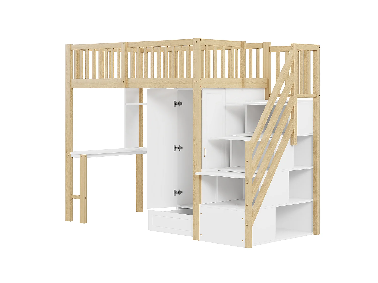 Lit mezzanine 90x200 cm - avec une penderie et un bureau - cadre de lit en bois - Blanc & Naturel