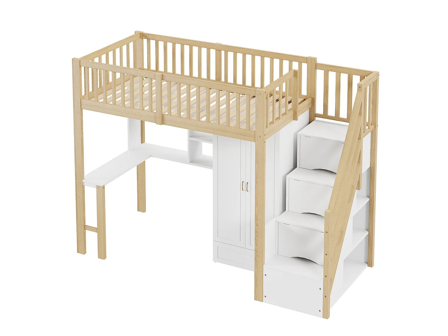 Lit mezzanine 90x200 cm - avec une penderie et un bureau - cadre de lit en bois - Blanc & Naturel